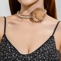 Bohemian choker necklace featuring a large woven sunflower pendant and braided rope design - Brown and White Woven Sunflower Choker (30065-nek-brown)