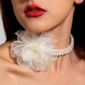 French vintage double-layered pearl necklace featuring a large white sheer fabric flower - White
