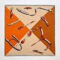 Silk wool square scarf with orange equestrian bridle print and navy blue borders - Medium Square Scarf / Orange (ZY-54)