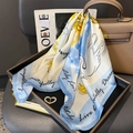 Elegant 100% silk square scarf with swan rose print and heart rhinestone buckle - 65*65cm / Blue (ZC-262)
