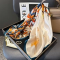 Silk square scarf with orange floral print and heart brooch on a brown leather bag - 65*65cm / Cream Orange Floral (With Heart Brooch)