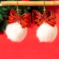 Christmas bow earrings with red metallic finish and white plush pompoms on branch - Red Bowknot (31020)
