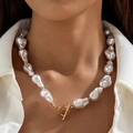 Close-up of baroque pearl necklace featuring golden bead spacers and an elegant OT clasp - Irregular Baroque Pearl Necklace (30567-nek-white)