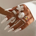 Böhmisches Ring-Set aus Silberlegierung mit Vintage-Blumen und künstlichen Perlen - Silber Barock Stil Ring-Set (29170-S)