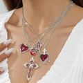 Gothic multi-layer silver necklace set with red heart and cross pendants - Gothic 5-Layer Layering Set (30704-nek-S)