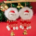 Christmas bow tie earrings with Santa Claus face, white fur, and red beaded tassels - Santa Claus Long Tassel / Santa Claus White (31207)
