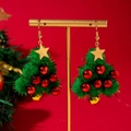 Christmas tree earrings with green faux fur balls and golden star on a display stand - Christmas Tree Plush Style / Green Christmas Tree (31413)