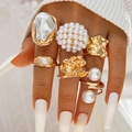 6-piece gold bohemian ring set with baroque pearls and rose floral accents - Gold Vintage Baroque 6-Piece Set (30256-r-G white)