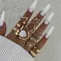 Set of 11 vintage gold geometric rings featuring pearl accents and irregular metal textures - Gold Fashion Mix 11-Piece Set (30189-r-G)