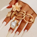 Bohemian gold ring set featuring irregular pearl and floral designs for women - Gold Artificial Pearl Flower Set (30365-ring-G)