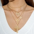 Gold layered necklace set with cross and coin pendants on elegant layered chains - Shiny Metal Texture 3-Layer (30740-nek-G)