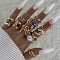 Set of 11 vintage gold rings featuring irregular pearls and snake-style geometric designs - 11-Piece Gold Colored Rhinestone Set (30619-ring-G)