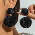 Close-up of black fabric rose earrings with velvet and satin textures for women - Black Double Layer