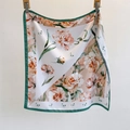 Vintage floral silk square scarf with pink peony butterfly patterns and green edges - 70*70cm / White (SW-11)