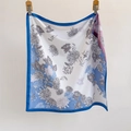 Blue and white floral silk square scarf with hand-drawn chrysanthemum patterns for women - Blue (SW-20)