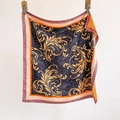 Navy blue paisley square silk scarf with orange paisley patterns and color-block borders - 70*70cm / Black (SW-29)