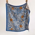 Navy and orange paisley square silk scarf with floral patterns for spring neckwear - 70*70cm / SW-32 Blue