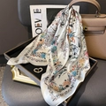 Elegant silk scarf with vintage crane and floral patterns in warm beige tones - ZC-274-White