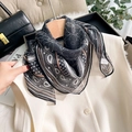 Elegant paisley satin scarf in black, white and coffee on a hanger with fashion magazine - Paisley Floral Print Style (XS-16) / Paisley Black