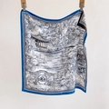 Premium twill silk square scarf featuring blue border and classic Chinese landscape painting - 70*70cm / SW-38-Blue Border (Chinese Landscape Print)