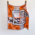Elegant 70cm square silk scarf with orange and grey floral geometric patterns on white wall - Square Diagonal Stripe Style / Orange (SW-Orange)