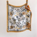 Silk-textured square scarf with floral bird patterns and contrast orange rolled edges - Yellow Border (SW-30) / 70*70cm