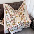 90cm camellia silk scarf with pink rose and golden chain print on beige background - Pink