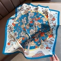 Foulard quadrato di seta vintage con bordo blu brillante e motivo di cachi arancioni - 70*70cm / Blu