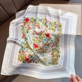 Detailed macro view of a silk scarf with colorful floral patterns and grey border - Gray Border (W-323-Gray Border) / 70*70cm