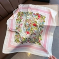 Detailed view of silk square scarf featuring colorful floral print and striped borders - Pink Border (W-323-Pink Border) / 70*70cm