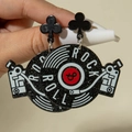 Detail of retro black vinyl record acrylic earrings with silver glitter and rock roll text - Vinyl Record Style (31082-ear-black-EP)