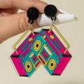 Detail of colorful retro acrylic radio earrings with vibrant 90s Y2K pop art design - Retro Radio Style (31082-ear-col-1-EP)