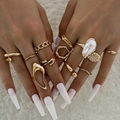 Vintage gold ring set with irregular pearls and geometric textured metal designs - 12-Piece Gold Vintage Lava Artificial Pearl Set (30498-ring-G-1)