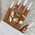 7-piece gold vintage irregular ring set with pearls and geometric metal designs - 7-Piece Gold Wave Artificial Pearl Set (30708-ring-G)