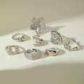 7-piece silver irregular geometric ring set with floral and shell textured designs - Silver Ocean Natural Elements 7-Piece Set (29441-ring-S)