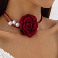 Detail of red burnt-edge rose choker with white pearls on a soft textile string - Red Style (30898-nek-red-EP)
