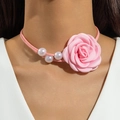 Detail of pink satin rose choker with white pearl accents on elegant pink suede cord - Pink Style (30898-nek-pink-EP)