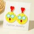 Funny yellow round smiley face earrings with red heart studs on jewelry card display - Glasses Surprised Style (31332)