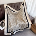 Macro detail of twill silk scarf with black geometric pattern on cream background - 90*90cm / Beige (XW-181)