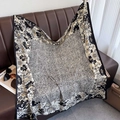 Detail of floral printed square silk scarf with black floral edges and stone texture - Black (XW-175)
