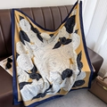 Vintage large square silk scarf with yellow rose print and navy border on a leather sofa - 90x90cm / Khaki