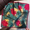 Peony floral print satin silk square scarf with dark green base and red borders - 70*70cm / Green Peony Floral Style (W-314)