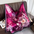 Retro floral large square silk scarf with rose and purple pattern on leather sofa - 90x90cm / Fuchsia