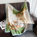 Elegant silk-feel square scarf with ginkgo leaf print on leather sofa background - Large Square Scarf / Green (DM-3)