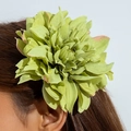 Detail einer großen grünen Stoff-Pfingstrose Haarspange mit rosa Rändern am Modellhaar - Rosa Schattierung Grüne Dahlie (30948-head-green-EP)
