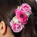 Close-up of pink and white fabric floral hair comb with berries on brown hair - Pink White (31337-hp-pink-EP)