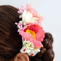 Detail of bohemian floral hair comb with pink petals and small white flowers - Pink White Purple Berry (31437-hp-pw-EP)