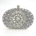 Silver oval shell clutch bag with luxury rhinestones and floral crystal pattern - Silver Gray