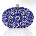Blue rhinestone shell evening clutch bag with gold floral pattern and spherical lock - Royal Blue