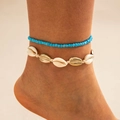Detalle de tobilleras artesanales con caracoles, cuentas azules y toques dorados - Estilo de Concha con Cuentas Azules (29137-blue)